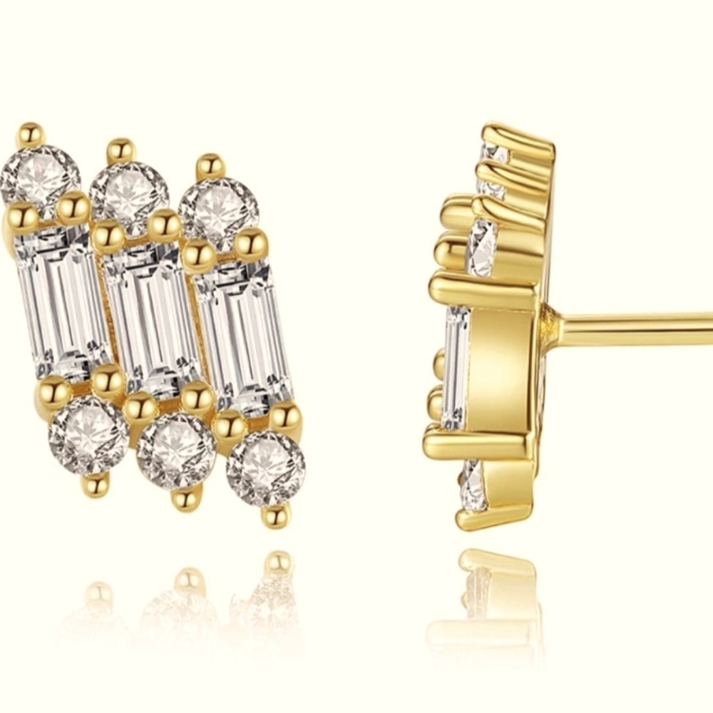 14K Gold Plated Bar/Baguette Stud Earrings